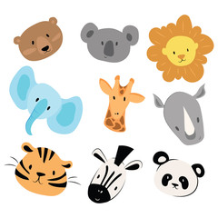 Wall Mural - A set of cartoon animals. Illustration for children. Portraits of animals. Masks. Collection of stylized animals.