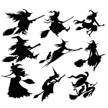 Set Of Black Silhouettes Of Witches Flying On A Broomstick. A Collection Of Silhouettes For Halloween. Mystical Illustration. Vector Outline Of A Witch.