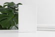 White book mockup with workspace accessories and a monstera plant.
