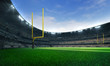 American football league stadium with yellow goalposts and fans, daytime field view, sport building 3D professional background illustration