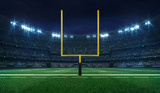 Fototapeta  - American football league stadium with yellow goalpost front and fans, illuminated field frontal view at night, sport building 3D professional background illustration