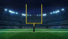 American Football League Stadium With Yellow Goalpost Front And Fans, Illuminated Field Frontal View At Night, Sport Building 3D Professional Background Illustration