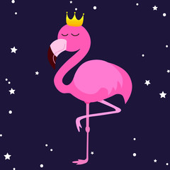 Wall Mural - Cute flamingo, golden crown, vector illustration