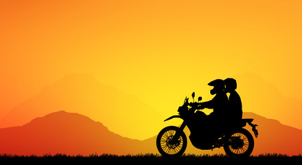 Wall Mural - silhouette of lover couple in sunset with classic motorcycle