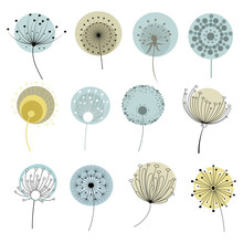 Set Of Dandelions. Collection Of Stylized Dandelions. Decorative Flowers. Flower Bud Logo. Vector Illustration.