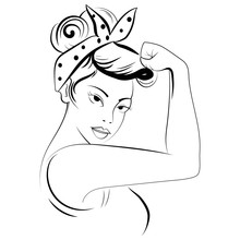Strong Girl In Eyeglasses. Classical American Symbol Of Female Power, Woman Rights, Protest, Feminism. Black And White Illustration.