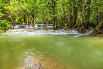 Huai Mae Khamin Waterfalls in Tropical Rainforest at Kanchanaburi Province, Thailand