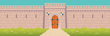 Road To Medieval City Or Town Fortress, Kings Castle, Fairytale Citadel, Fantasy Stronghold Stone Walls With Arched Wooden Gates And Heraldic Shields Under Closed Doorway Cartoon Vector Illustration