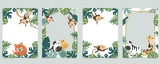 Fototapeta Fototapety na ścianę do pokoju dziecięcego - Green animal collection of safari frame set with lion,fox,giraffe,zebra,monkey vector illustration for birthday invitation,postcard,logo and sticker