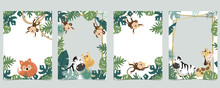 Green Animal Collection Of Safari Frame Set With Lion,fox,giraffe,zebra,monkey Vector Illustration For Birthday Invitation,postcard,logo And Sticker
