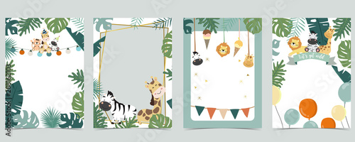 Green animal collection of safari frame set with lion,giraffe,zebra vector illus Wallpaper Mural