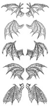 Set Of Hand Drawn Vintage Etched Woodcut Fallen Angel Or Vampire Detailed Wings. Dragon Or Gargoyle Wings. Heraldic Wings For Tattoo And Mascot Design. Isolated Sketch Collection. Vector.