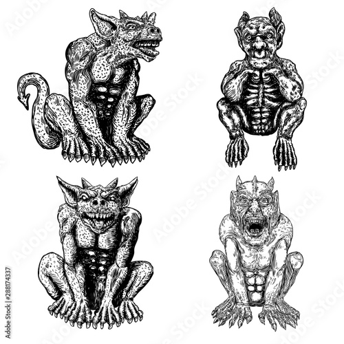 Fotografía Set of demons, human like monsters creatures chimera with fangs horns, and claws