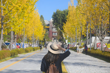 a woman is travel in the university in korea during autumn season.