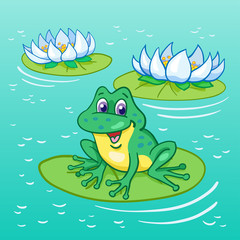 Sticker - Summer lake. Funny green frog sitting on the big leaf among the lilies. On the blue background.