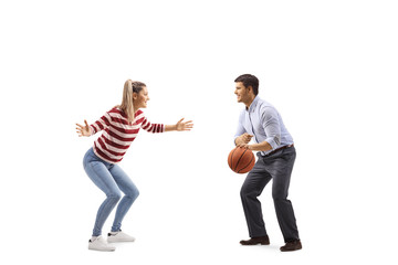 Poster - Casual man and woman playing basketball