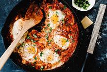 Spinach and feta shakshuka with eggs poached in a rich tomato sauce