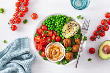 Wall Mural - healthy vegan lunch bowl with falafel hummus tomato avocado peas