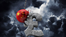 China Ball Smashing A Pound Sterling Symbol. UK Economy. 3D Render