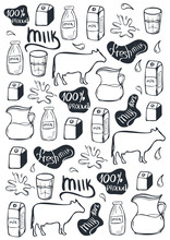 Milk Background. Hand Draw Milk Icon Set. 