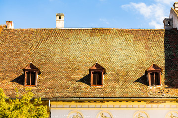 Wall Mural - Medieval house in Sibiu with old roof tiles and old paint.