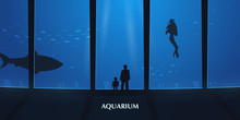 Big Aquarium Or Oceanarium With Shark. People Watching The Underwater World.