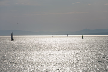 Poster - Lake Balaton in silver color at sunset with back light and sailboat silhouettes