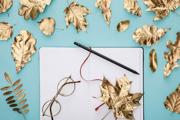 Wall Mural - top view of autumnal golden leaves near blank notebook with glasses on blue background