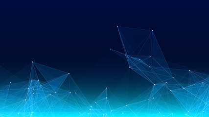 Fototapete - Vector abstract futuristic digital landscape with particles dots and stars on horizon. computer geometric digital connection structure. Futuristic blue abstract grid. Intelligence artificial