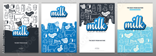 Fotografía Set of Milk banners with hand draw doodle background.