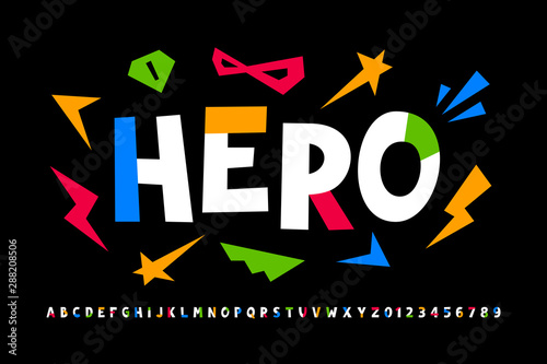 Fotomural Super hero style font design, comics alphabet, letters and numbers