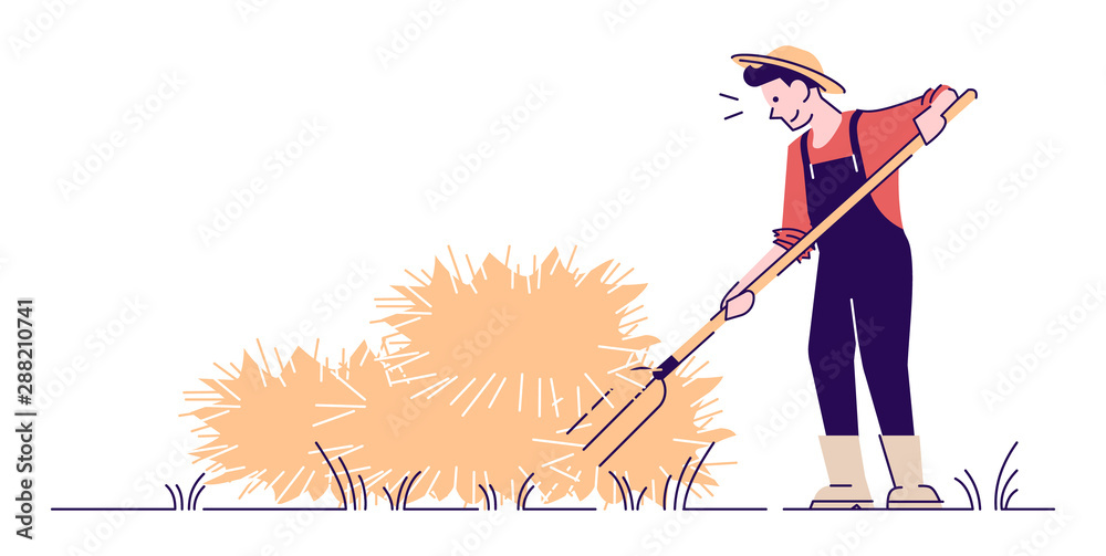 Farmer haymaking with pitchfork flat vector character. Autumn harvest ...