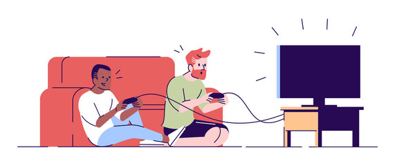 Wall Mural - Boys having fun with joysticks flat vector illustration. Neighbors, roommates sitting on floor excited about videogame contest isolated cartoon characters with outline elements on white background