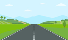 Straight Empty Road Through The Countryside. Green Hills, Blue Sky, Meadow And Mountains. Summer Landscape Vector Illustration.