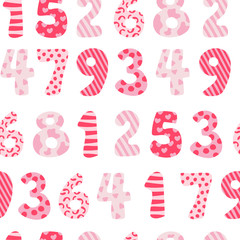 Different hand drawn numbers in random pattern. Colorful school pattern for children. Pink math background for kids. Seamless abstract vector pattern.