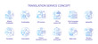 Translation service blue concept icons set. Foreign language translation idea thin line illustrations. DTP services and proofreading. Upload file. Vector isolated outline drawings. Editable stroke