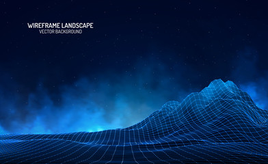 Fototapete - Vector retro futuristic background. Abstract digital landscape with particles dots and stars on horizon. Wireframe landscape background. Big Data Digital retro landscape Retro Sci-Fi Background.