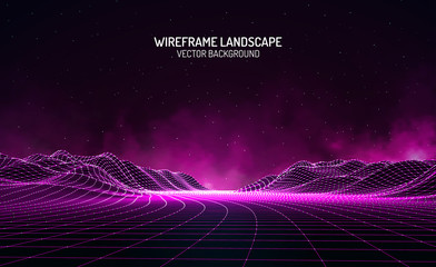 Fototapete - Vector retro futuristic background. Abstract digital landscape with particles dots and stars on horizon. Wireframe landscape background. Big Data Digital retro landscape Retro Sci-Fi Background.