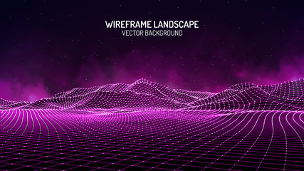 Fototapete - Vector retro futuristic background. Abstract digital landscape with particles dots and stars on horizon. Wireframe landscape background. Big Data Digital retro landscape Retro Sci-Fi Background.