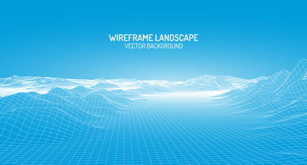 Fototapete - Vector retro futuristic background. Abstract digital landscape with particles dots and stars on horizon. Wireframe landscape background. Big Data Digital retro landscape Retro Sci-Fi Background.