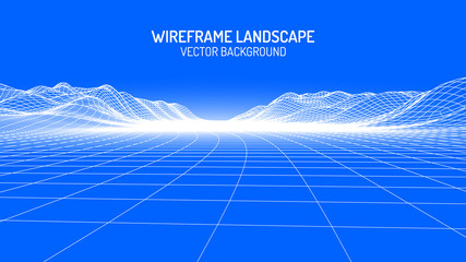 Fototapete - Vector retro futuristic background. Abstract digital landscape with particles dots and stars on horizon. Wireframe landscape background. Big Data Digital retro landscape Retro Sci-Fi Background.