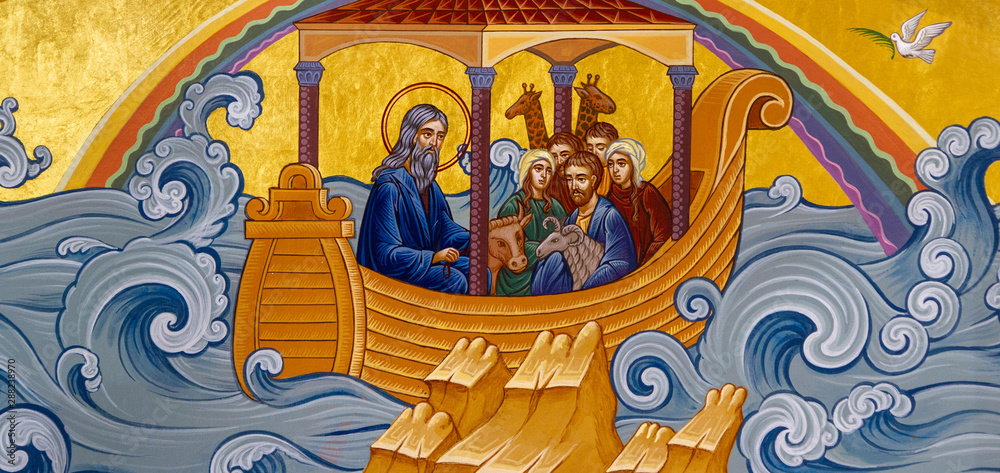 Secovska Polianka, Slovakia. 2019/8/22. The icon of the Noah's Ark. Part of the Iconostasis in the Greek Catholic church of Saint Elijah.  - obrazy, fototapety, plakaty 