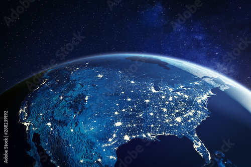 Cuadros en Lienzo USA from space at night with city lights showing American cities in United State