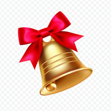 Golden Metal Bell With Red Bow Isolated On A Transparent Background, Christmas Symbol, School Bell, Vintage Bell. 3D Effect. Vector Illustration. EPS10