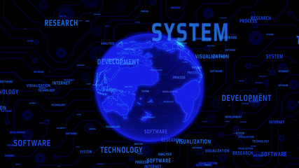 Wall Mural - Technology Digital Global Network Communication Presentation Explosion Word Illustration. Abstract Blue Earth 3D Rendering International Floating Intelligence Massage.