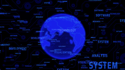 Fototapete - Technology Digital Global Network Communication Presentation Explosion Word Illustration. Abstract Blue Earth 3D Rendering International Floating Intelligence Massage.