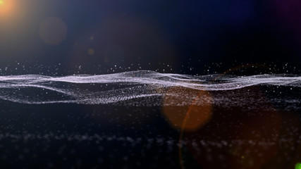 Poster - Digital Wave 3D Space Rendering Technology And Horizon Lens Flare Element Background. Abstract Scifi Landscape Sphere Dot In Galaxy With DOF Illustration.