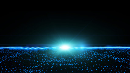 Leinwandbilder - Digital Wave 3D Space Rendering Technology And Horizon Lens Flare Element Background. Abstract Scifi Landscape Sphere Dot In Galaxy With DOF Illustration.