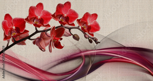 Naklejka na meble 3d wallpaper texture, red orchids on fabric canvas texture. Wall Murals effect. 