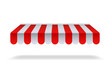 Red and white sunshade for marketplace or shop. Open awning with striped canvas for circus or store.Red canopy for cafe on isolated background. vector